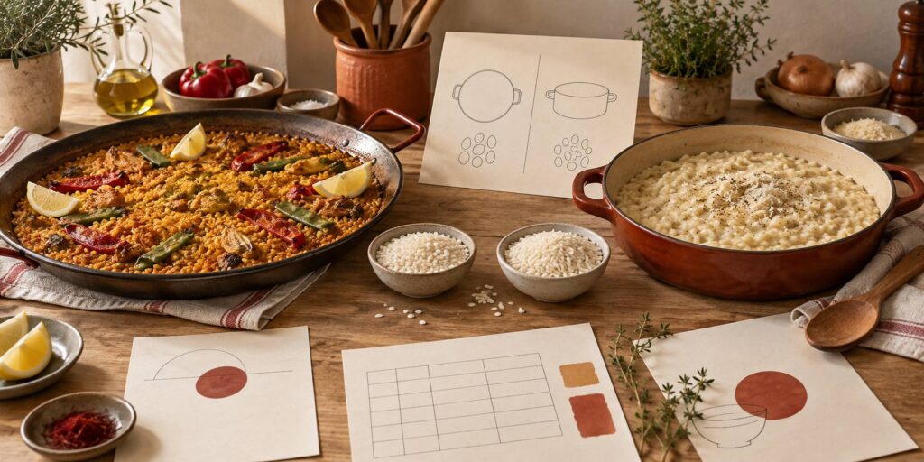 Illustration éditoriale du sujet : Arroz bomba o carnaroli: cuál elegir para cada plato