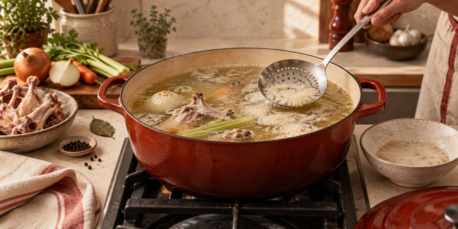 Illustration éditoriale du sujet : Caldo de ave claro: cómo desespumar y por qué importa