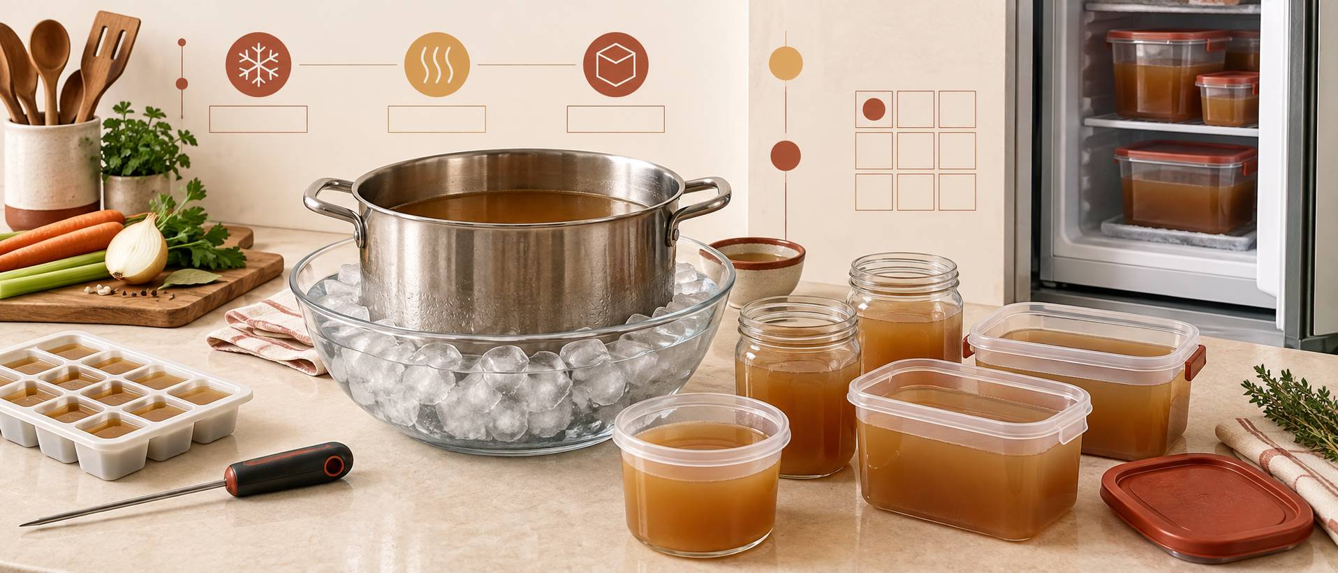 Illustration éditoriale du sujet : Congelar caldo casero: formatos, tiempos y conservación