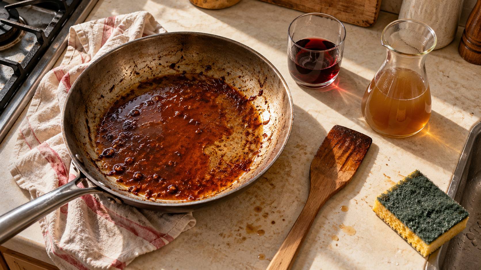 Poele deglacee avec verre de vin et carafe de bouillon poses a cote
