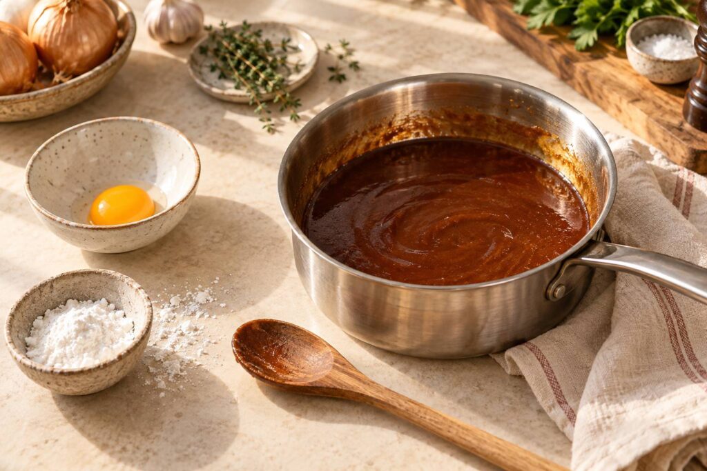Casserole de sauce brune nappante avec fécule et jaune d'oeuf sur un plan de travail clair