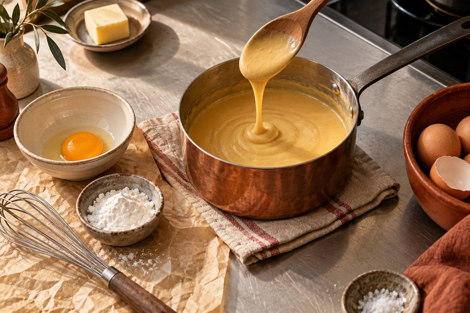 Bol de jaune d'oeuf et cuillère de sauce onctueuse sur un plan de travail chaud