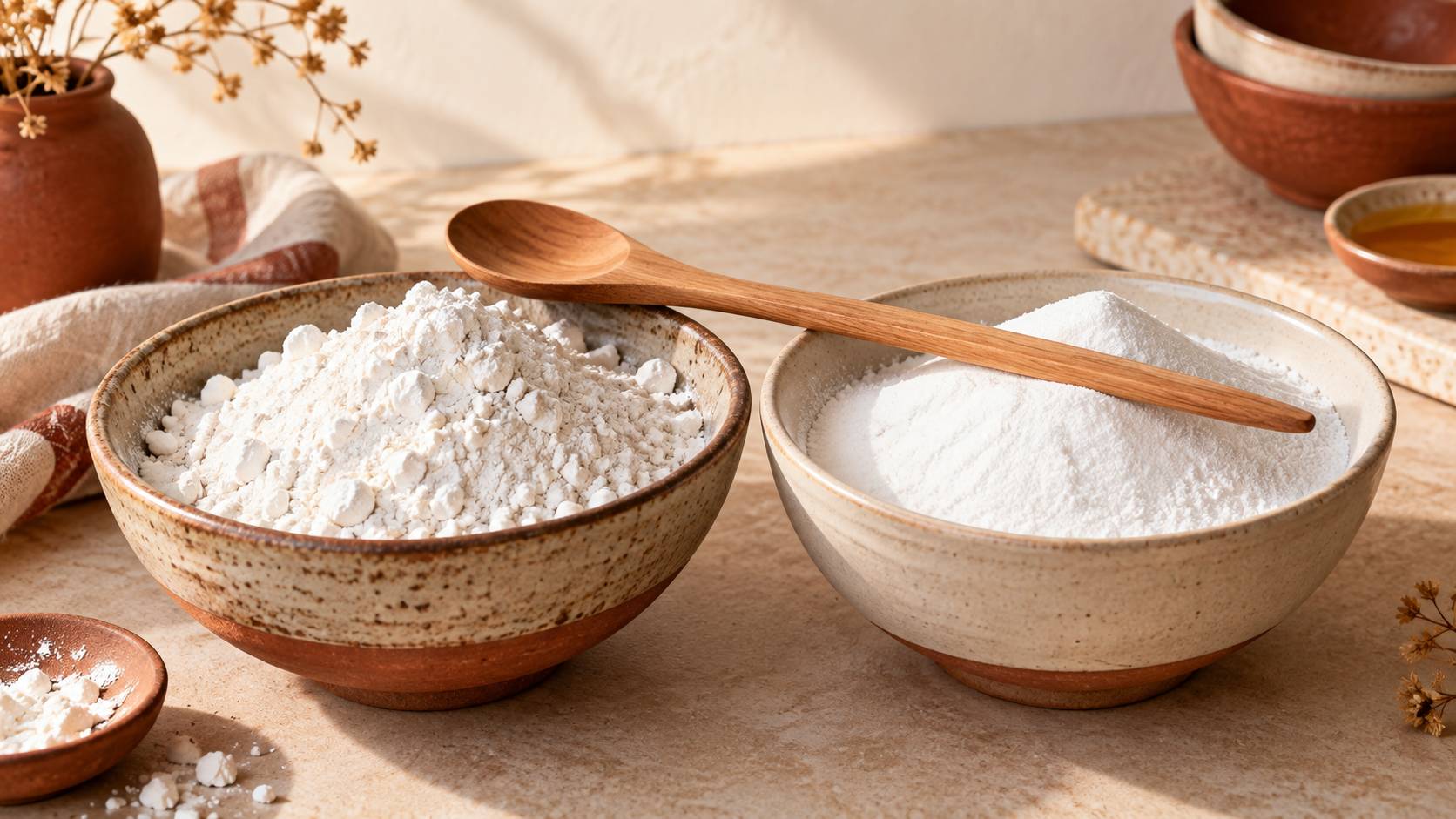 Bol de fecule blanche avec une cuillere en bois posee en travers