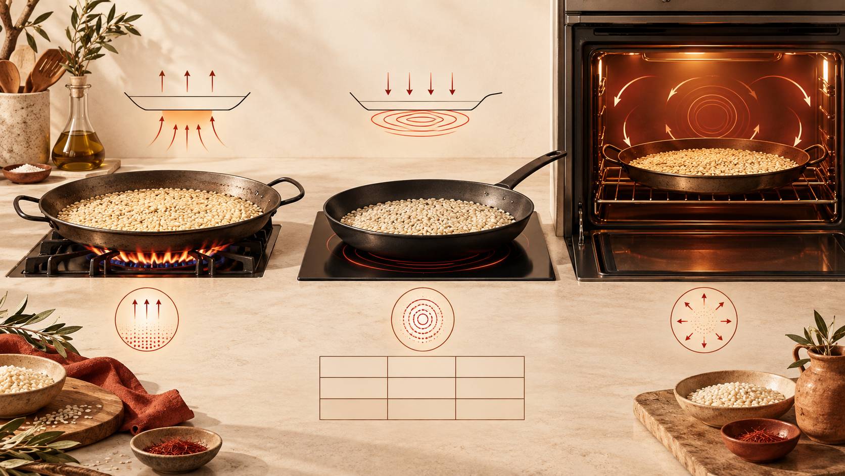 Illustration éditoriale du sujet : Fuego, inducción y horno: cómo cambia la cocción del arroz