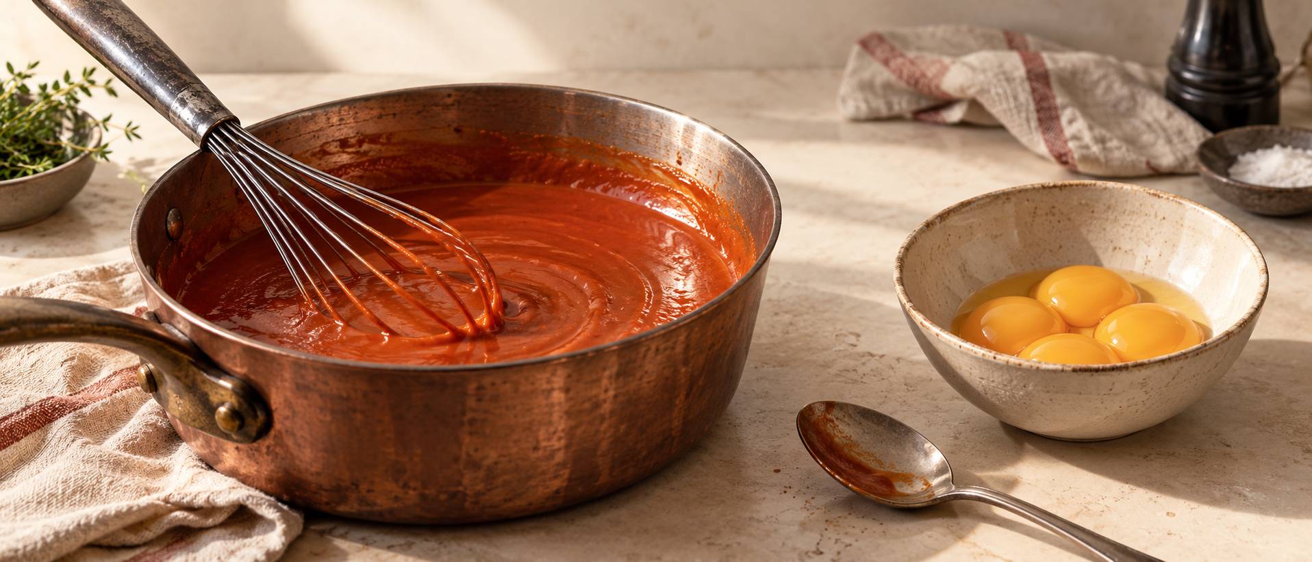 Jaunes d'oeufs et fouet pour lier une sauce dans un bol