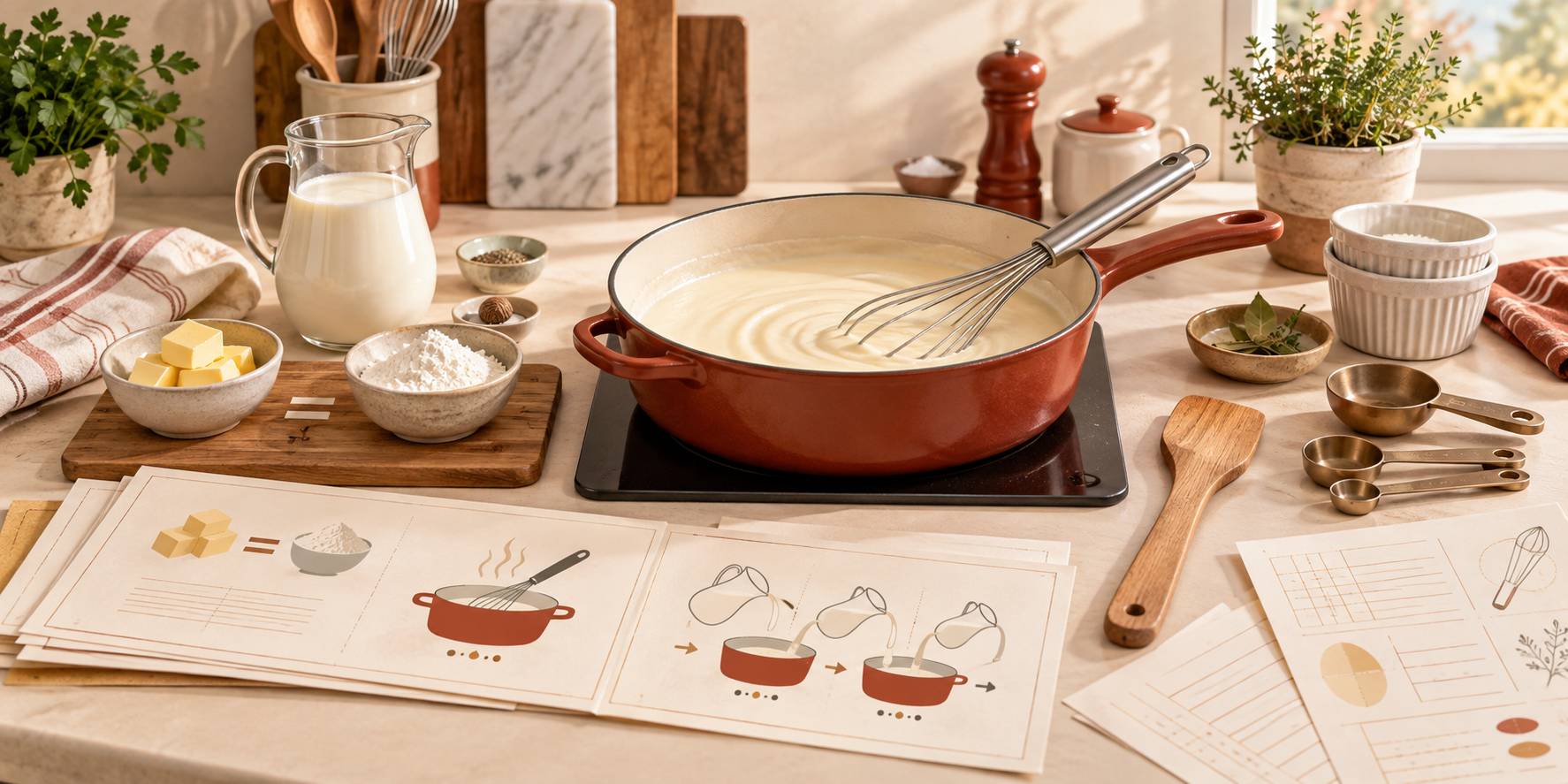 Illustration éditoriale du sujet : Salsa bechamel sin grumos: proporciones y punto exacto