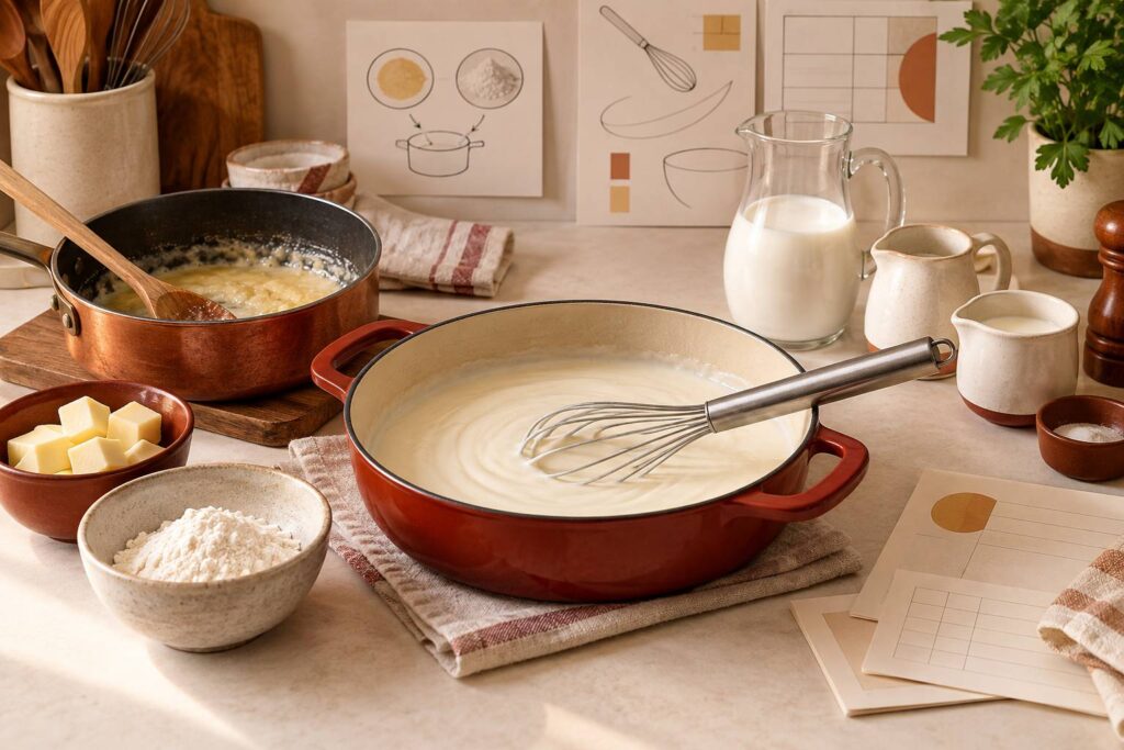 Illustration éditoriale du sujet : Salsa bechamel sin grumos: proporciones y punto exacto