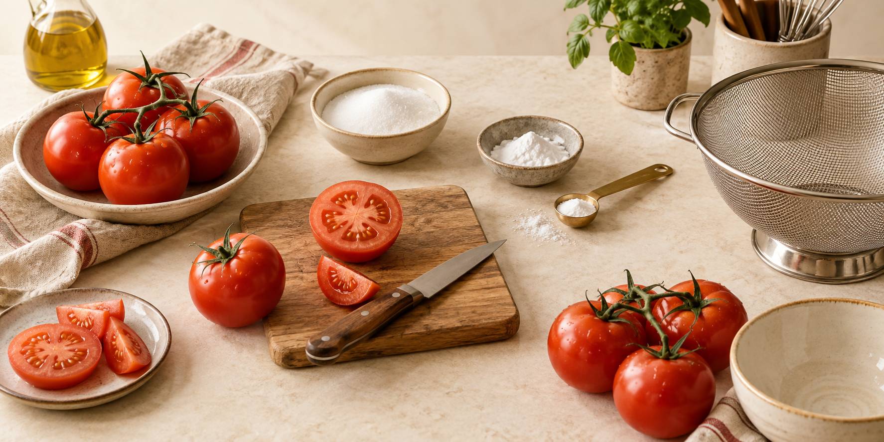 Casserole de sauce tomate maison qui mijote avec tomates fraiches et basilic