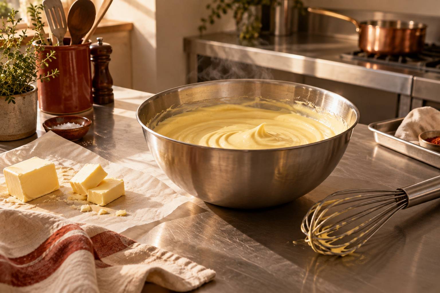 Bol de sauce cremeuse fouettee et fouet en inox avec beurre