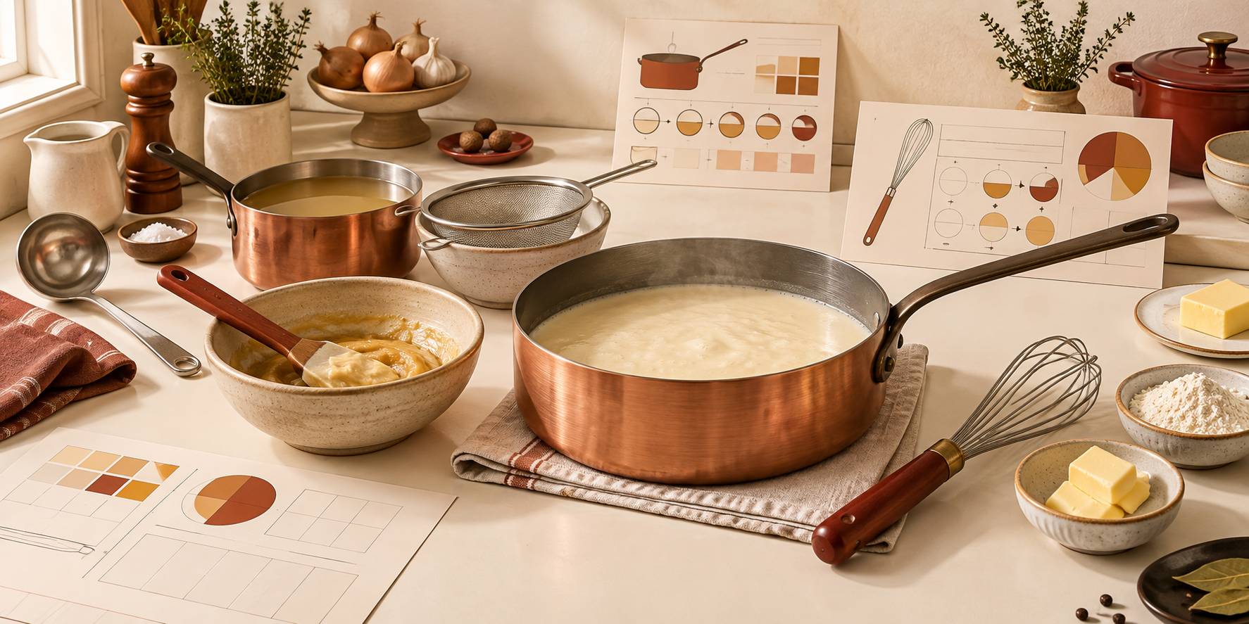 Illustration éditoriale du sujet : Salsa velouté: qué es, cómo se liga y con qué se usa