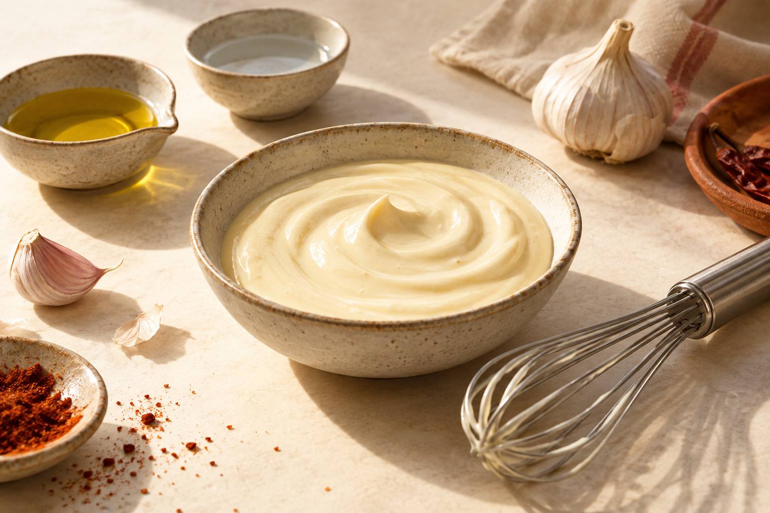 Bol de sauce émulsionnée vu de près avec fouet et coupelles d'huile
