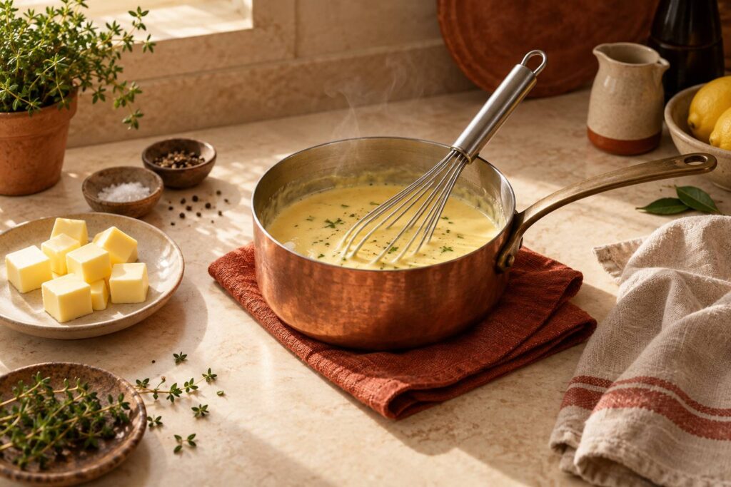 Sauce au beurre montee dans une casserole avec des de beurre froid