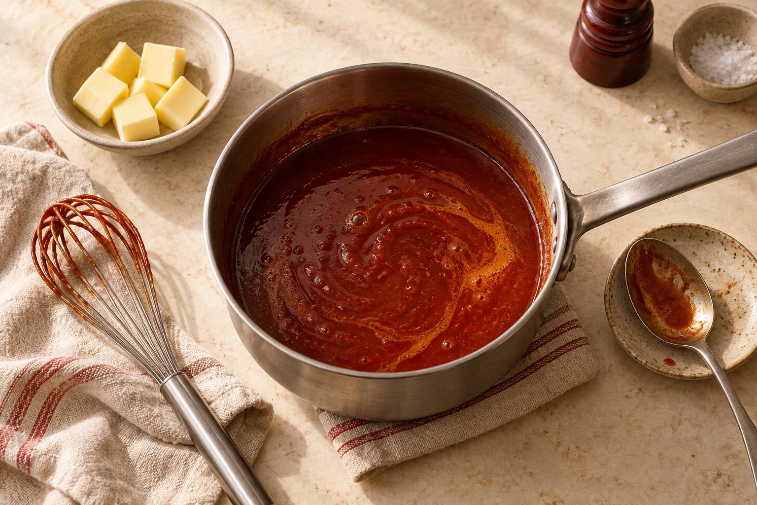 Sauce au beurre legerement separee au fouet sur un plan de cuisine