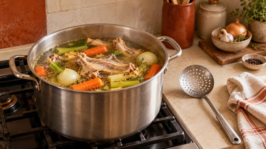 Casserole de bouillon clair avec légumes et os de volaille sur une gazinière