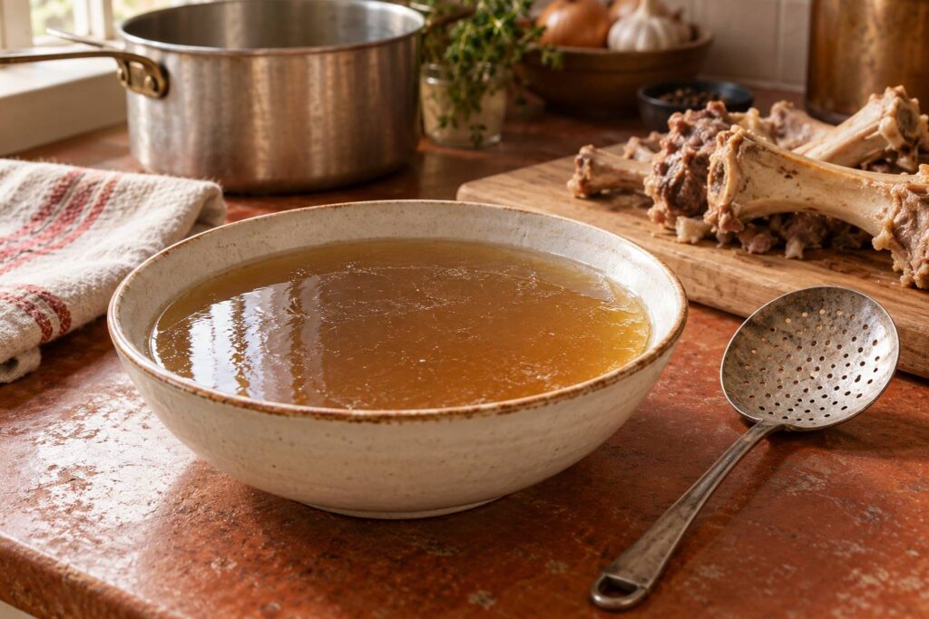 Bouillon refroidi pris en gelée dans un plat, os et écumoire à côté
