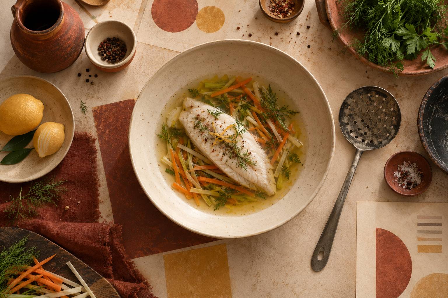 Poisson delicatement poche dans un liquide aromatique clair avec legumes finement tailles