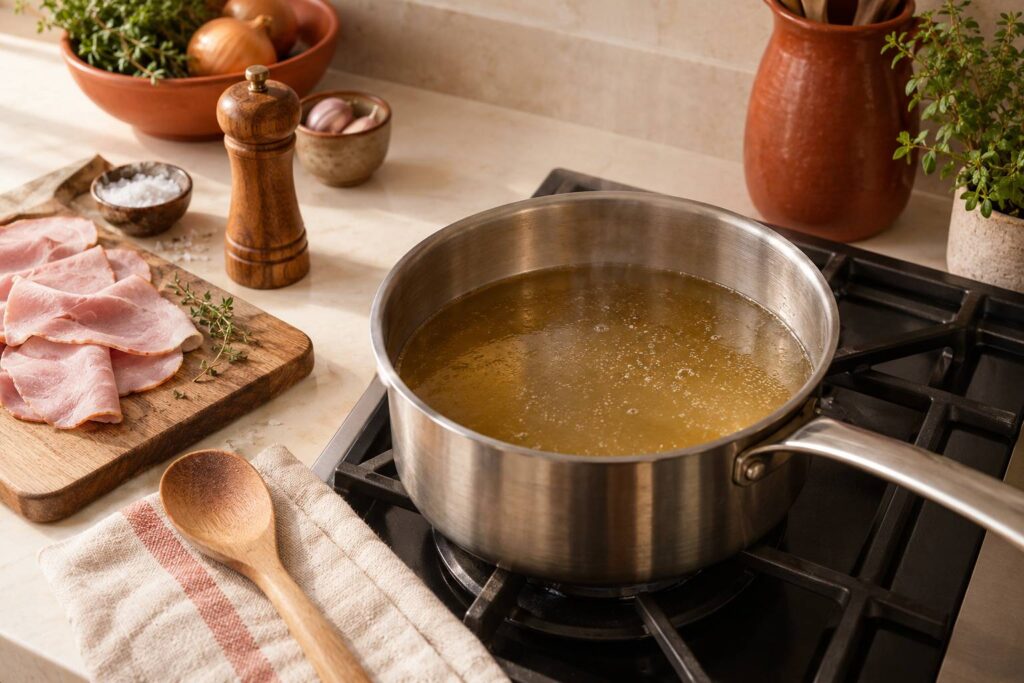 Casserole de consomme clair et tranches de jambon sur une planche