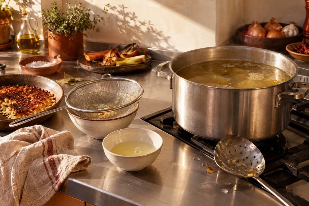 Casserole de fond clair tiede sur un plan de travail avec passoire et blanc d'oeuf
