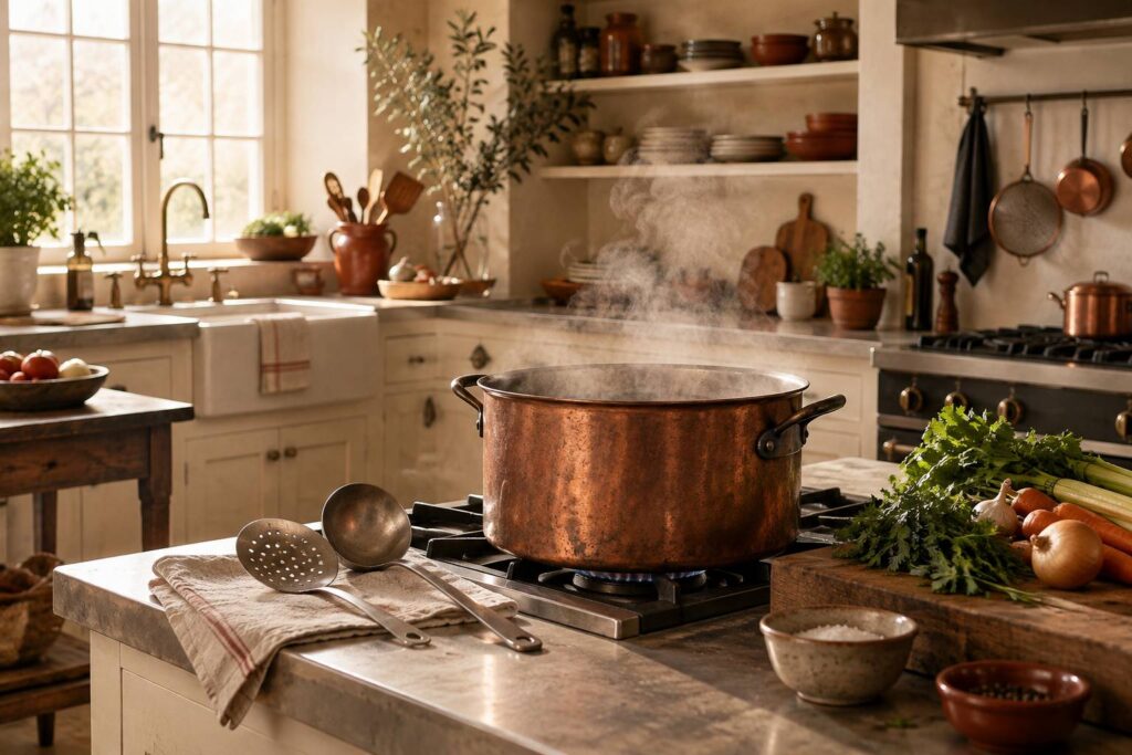 Casserole de consommé fumant sur une cuisinière avec écumoire