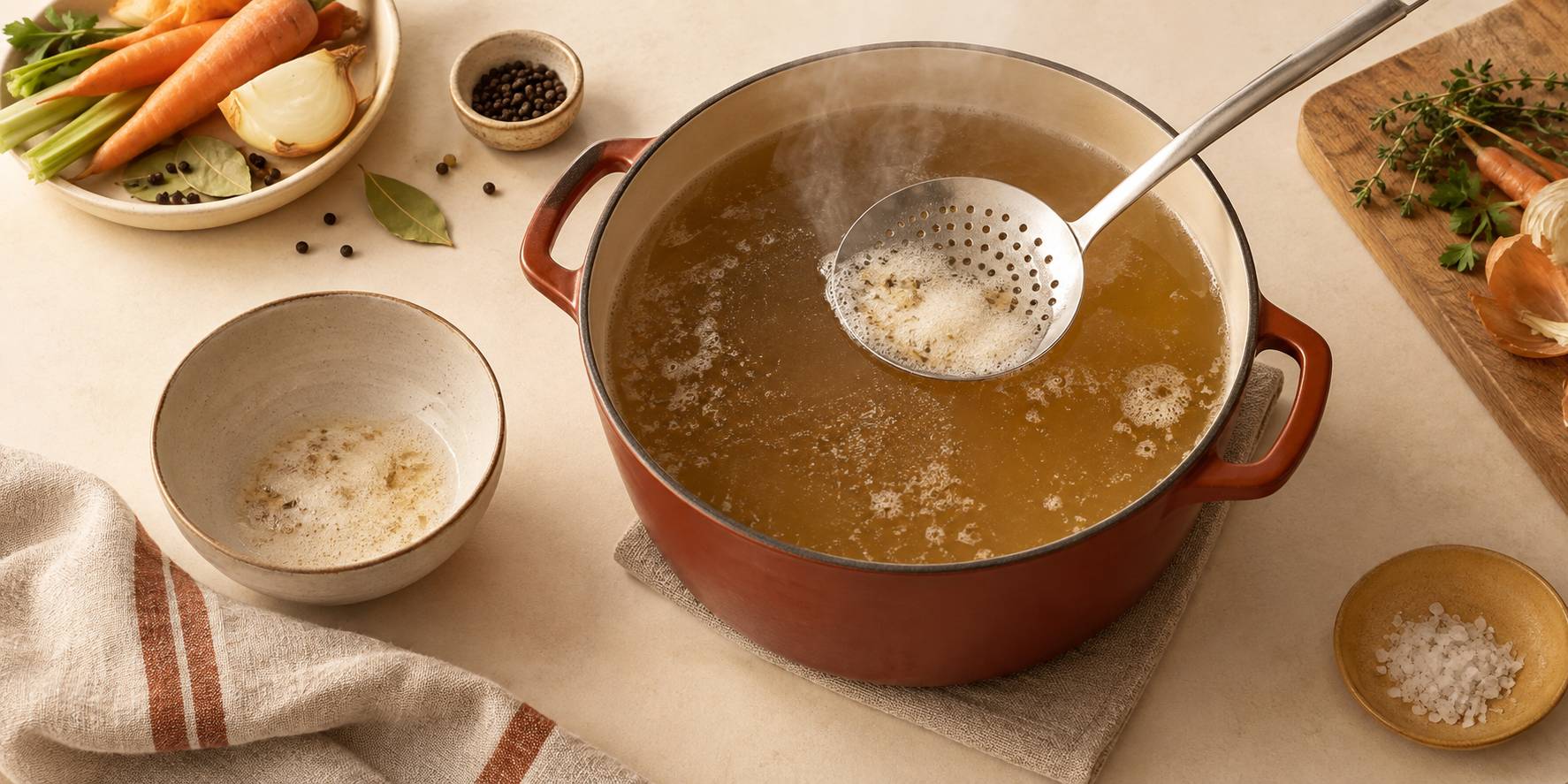 Consommé clair dans une casserole avec écumoire en surface