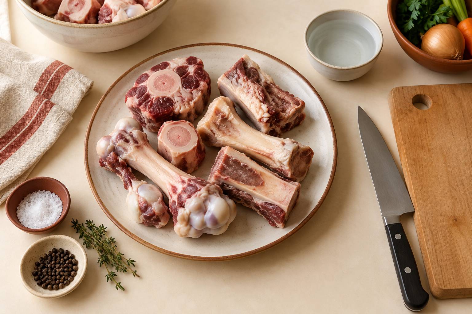Os avec cartilage et os gras poses sur une planche de cuisine