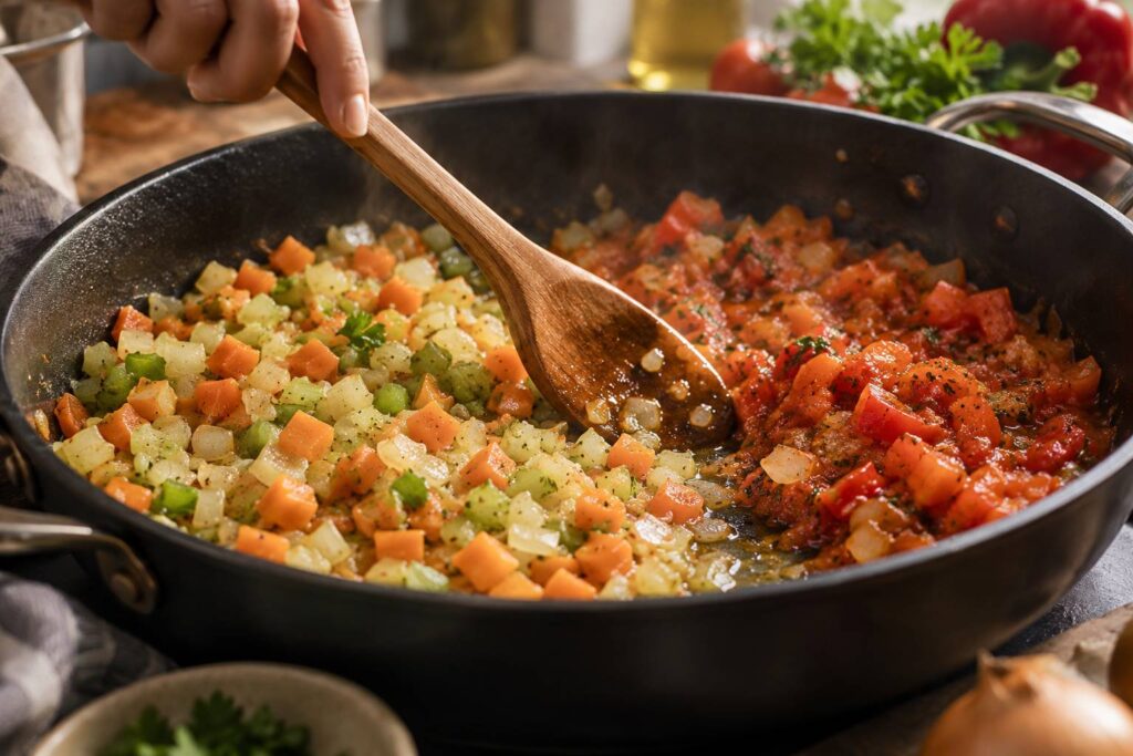 Plan de détail illustrant le sujet de l'article : Mirepoix y sofrito: qué aporta cada base aromática