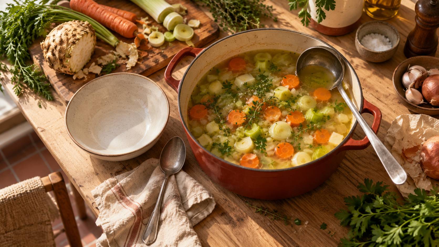 Marmite de potage de légumes clair avec louche et bol sur un plan de travail