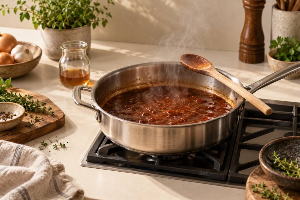 Sauteuse inox ou une sauce brune reduit a feu doux sur un plan de travail mat