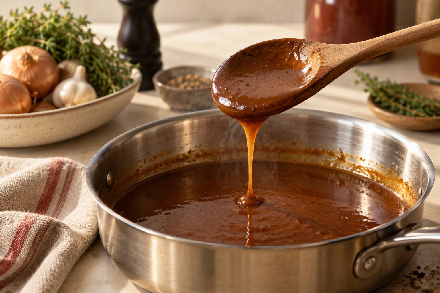 Sauce brune nappant le dos d'une cuillere en bois au-dessus d'une sauteuse