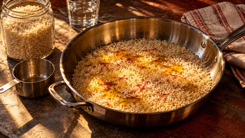 Grains de riz blond répandus dans une poêle en acier avec safran, bocal de riz et mesure
