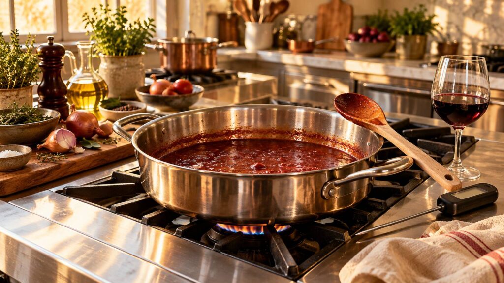 Casserole de sauce au vin rouge en réduction sur une cuisinière avec cuillère en bois