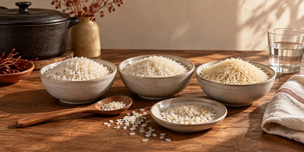 Trois variétés de riz cru dans des bols en céramique sur un plan de travail